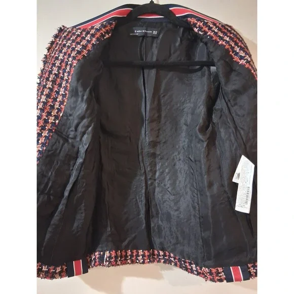 Zara Woman Tweed Blazer Jacket Navy Red White Pearl Button XS Metallic Plaid - Picture 8 of 10